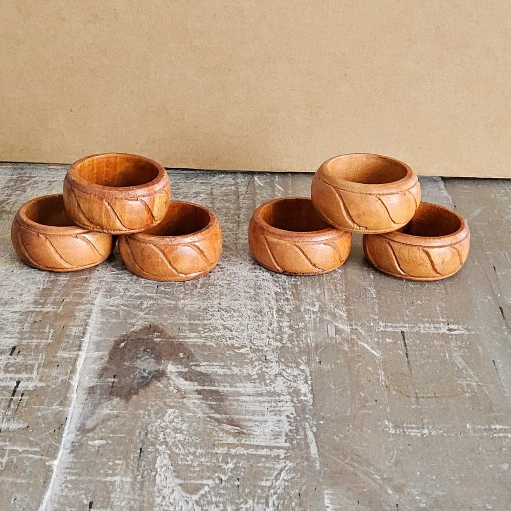 Carved Wood Napkin Rings Set of 6 Brown Handcrafted Boho Table Decor MCM